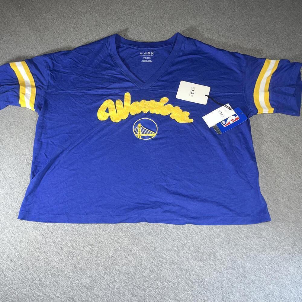 NWT NBA Womans XXL Golden State Warriors Blue Sport Crop top Shirt Yellow Stripe